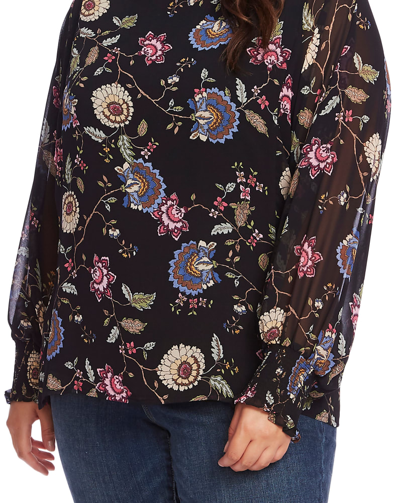 Front of a model wearing a size 3X Vince Camuto Women's Plus Floral Print Smocked Chiffon Blouse Black Size 3X in Black by Vince Camuto. | dia_product_style_image_id:311544